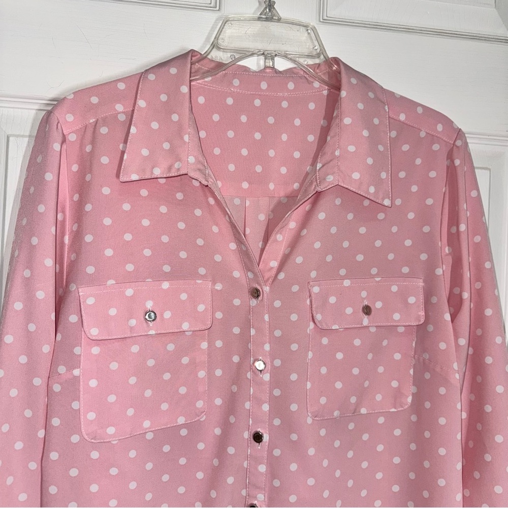 Pink Polka Dot Button-Front Utility Blouse with Silver Buttons and Chest Pockets - Picture 4 of 10